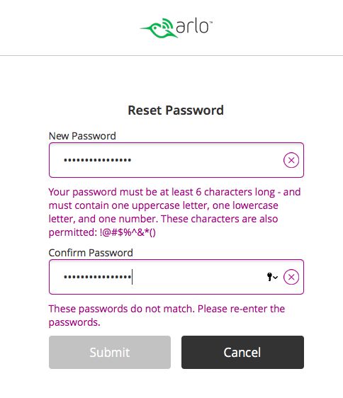 Arlo bad password rule screenshot