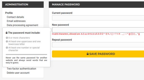 Hetzner bad password rule screenshot