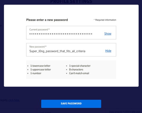 Scandinavian Airlines bad password rule screenshot