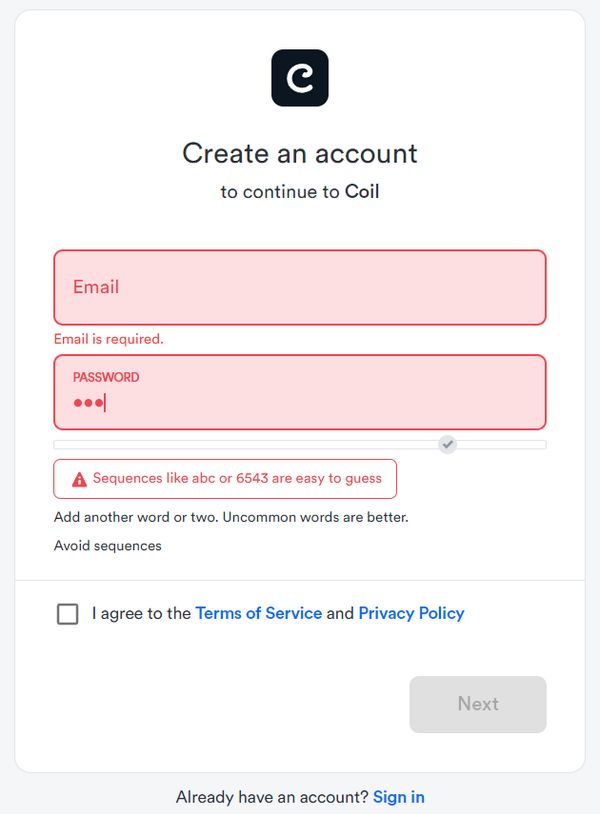 Coil bad password rule screenshot