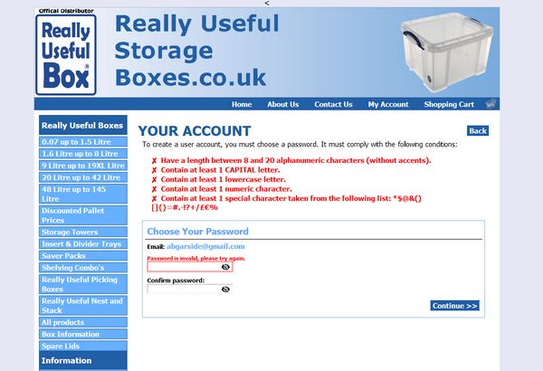 Really Useful Storage Boxes bad password rule screenshot