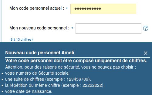 Ameli.fr (French national health insurance) bad password rule screenshot