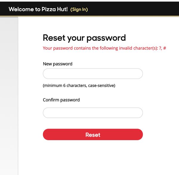 PizzaHut bad password rule screenshot