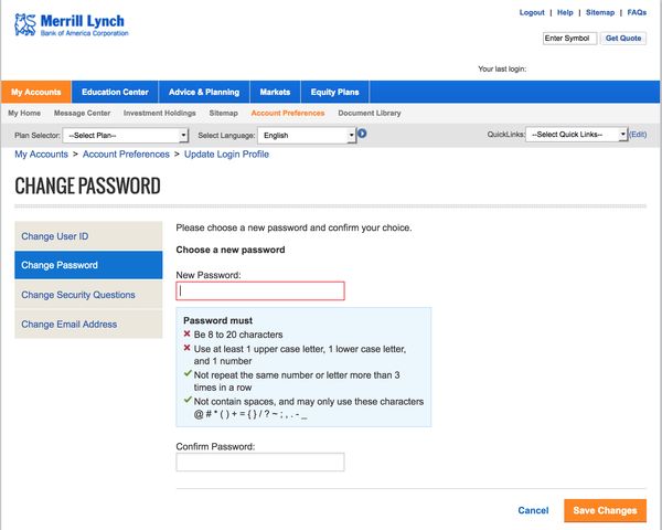 Merrill Lynch bad password rule screenshot