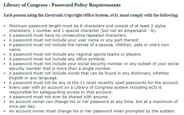 Copyright.gov bad password rule screenshot