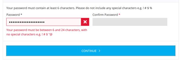 M and M Direct bad password rule screenshot