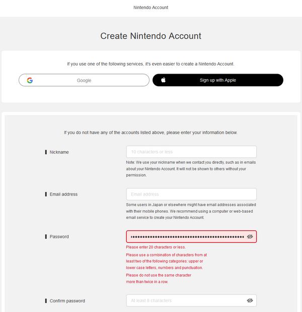 Nintendo bad password rule screenshot