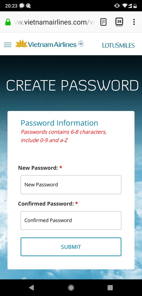 Vietnam Airlines bad password rule screenshot
