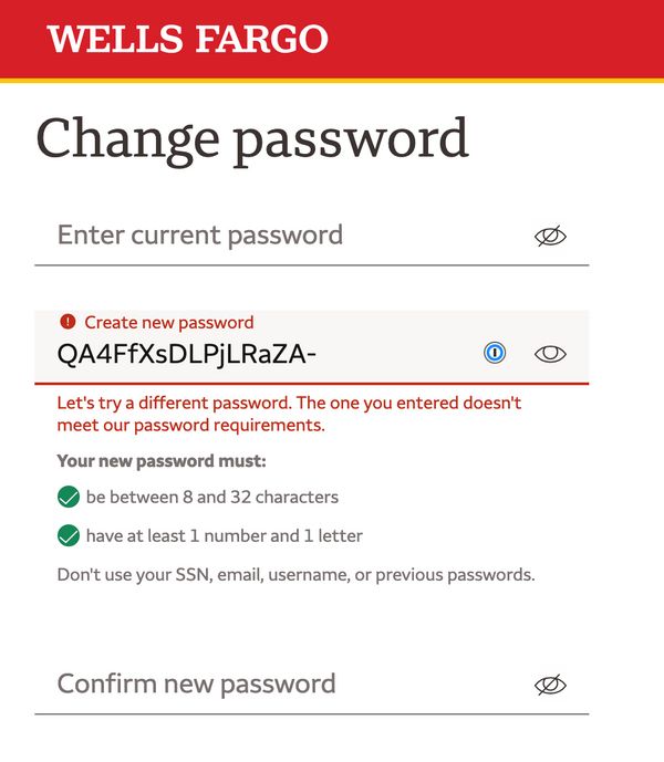 Wells Fargo bad password rule screenshot
