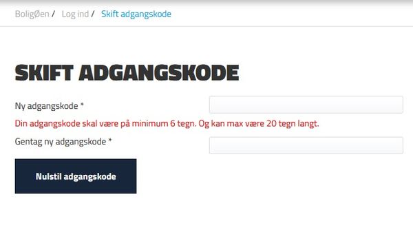 Boligøen (Danish resident renting bureau) bad password rule screenshot