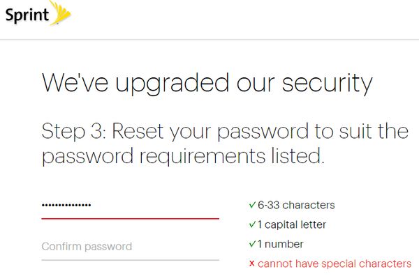 Sprint bad password rule screenshot