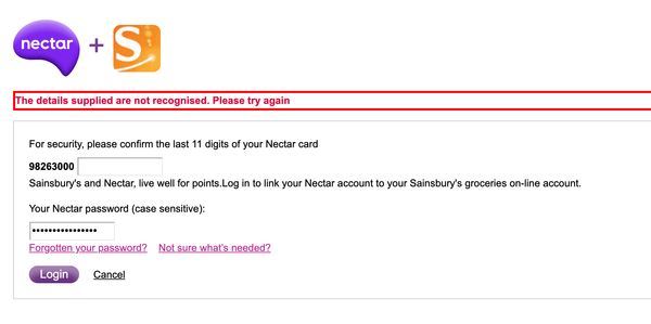 Nectar API bad password rule screenshot