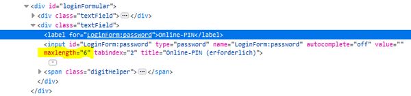 Sparda-Bank bad password rule screenshot