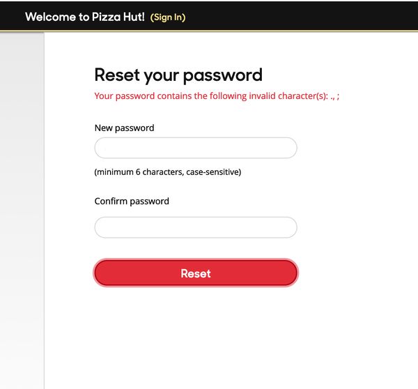 PizzaHut bad password rule screenshot