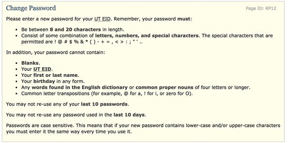 University of Texas at Austin bad password rule screenshot