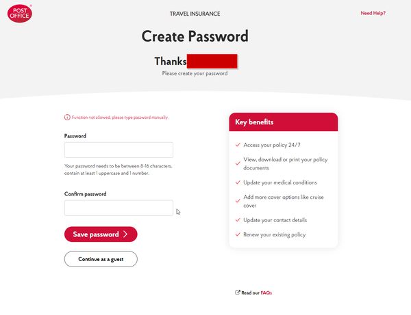 United Kingdom Post Office bad password rule screenshot