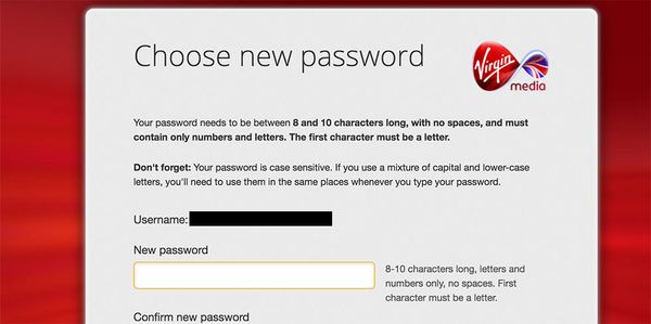 Virgin Media bad password rule screenshot