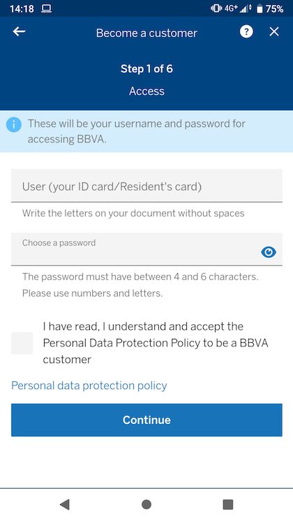 BBVA bad password rule screenshot