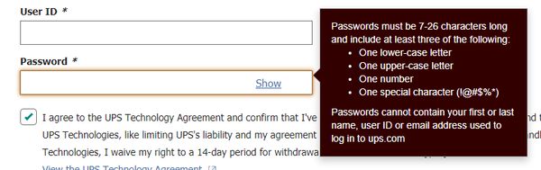 United Parcel Service of America bad password rule screenshot