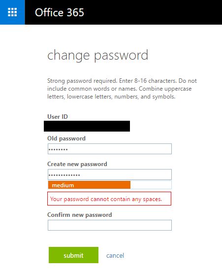 Microsoft (work accounts) bad password rule screenshot