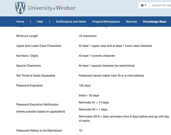 University of Windsor bad password rule screenshot