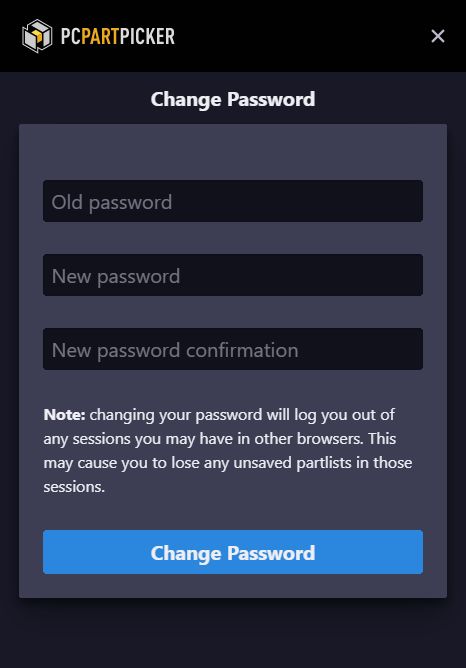 PCPartPicker bad password rule screenshot