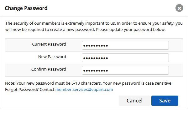 Copart bad password rule screenshot