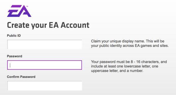 Electronic Arts (EA) bad password rule screenshot