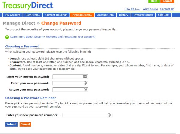 TreasuryDirect bad password rule screenshot