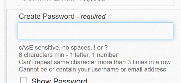 Sears bad password rule screenshot