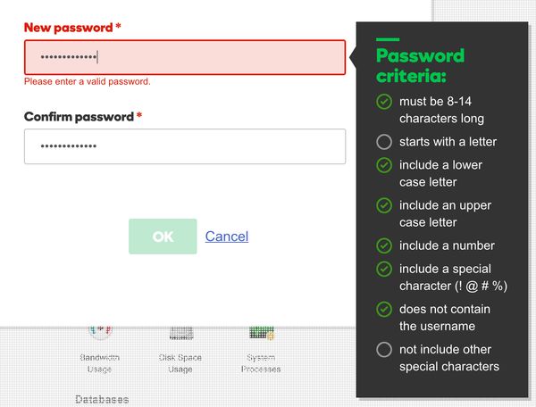 GoDaddy bad password rule screenshot