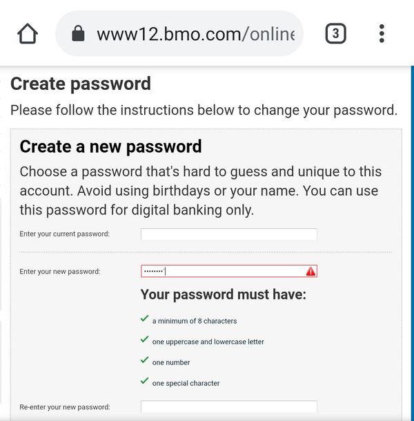 BMO Bank of Montreal bad password rule screenshot
