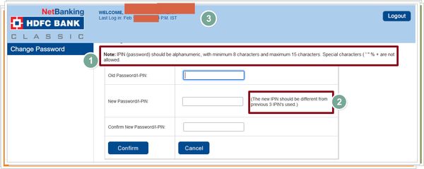 HDFC Bank bad password rule screenshot