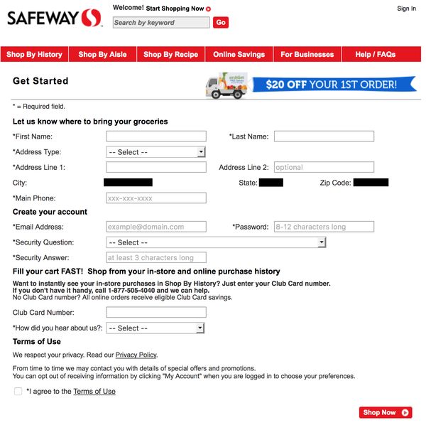 Safeway bad password rule screenshot