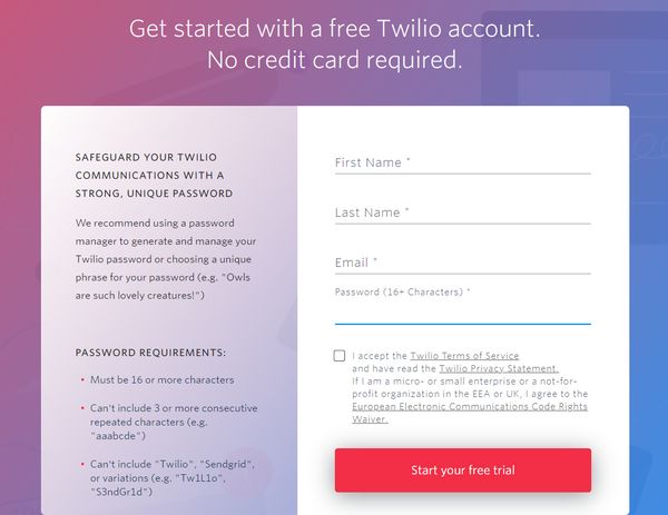 Twilio bad password rule screenshot