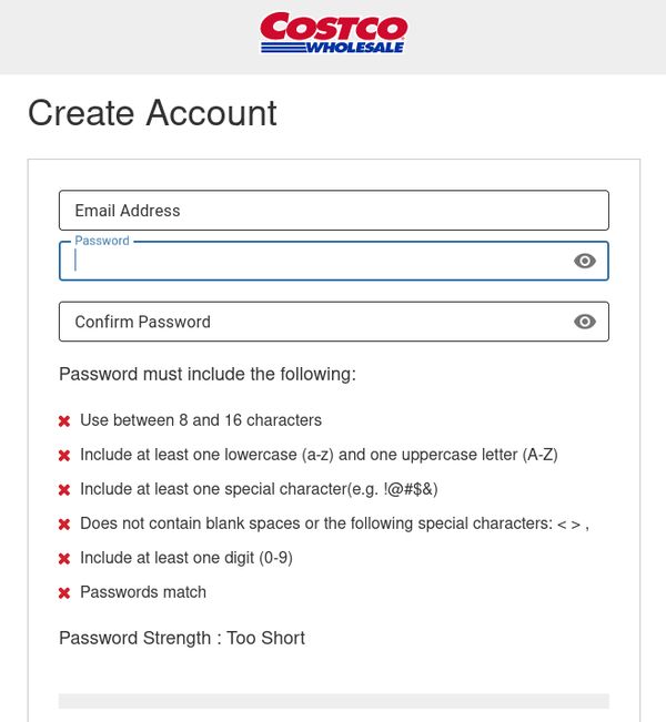 Costco.com bad password rule screenshot