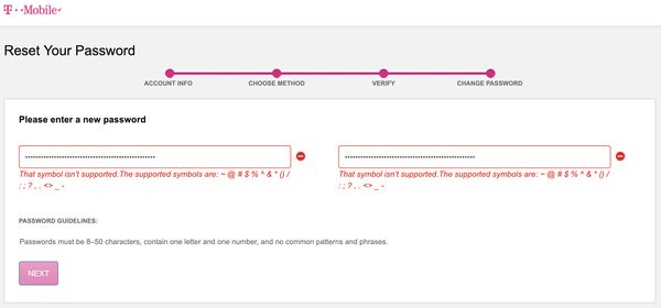 T-Mobile bad password rule screenshot