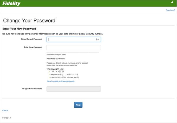 Fidelity bad password rule screenshot