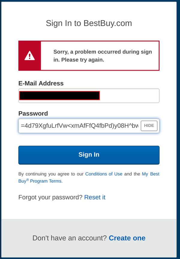 Best Buy bad password rule screenshot