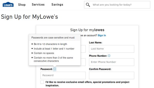 Lowes bad password rule screenshot
