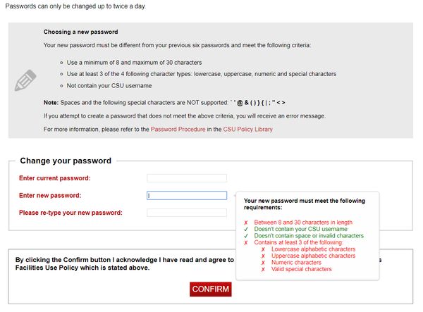 Charles Sturt University bad password rule screenshot